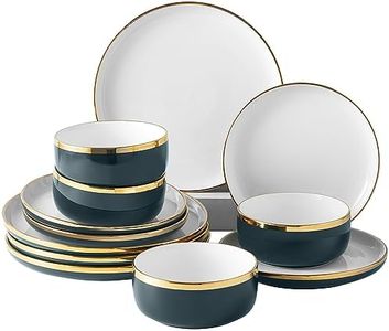 Pokini Ceramic Dinnerware Sets, 12 Piece Luxury Bone China Dishware Sets, Green Dishes Set Gold Rim Plates and Bowls Sets for 4, Modern Dinner Plates, Bowl Kitchen Decor