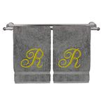 Monogrammed Hand Towel, Personalized Gift, 16 x 30 Inches - Set of 2 - Gold Embroidered Towel - Extra Absorbent 100% Turkish Cotton - Soft Terry Finish - for Bathroom, Kitchen and Spa - Script R Gray