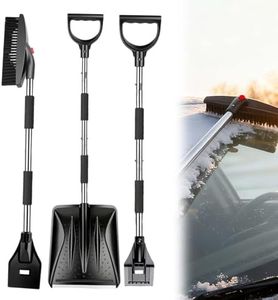 3 in 1 Car Snow Brush, Ice Scraper, Telescoping Snow Shovel with Sponge Grip ABS Stainless Steel Winter Tool (Ti-Silver)