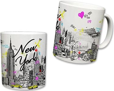 Sweet Gisele | New York City Inspired Mug | Ceramic NYC Coffee Cup | Downtown Manhattan Skyline | Empire State Building & Times Square | Brooklyn Bridge Background | Great Novelty Gift | 11 Fl. Oz