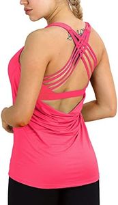icyzone Women's Workout Tank Tops Built in Bra - Strappy Athletic Yoga Top, Exercise Gym Sport Shirt, Neon Pink, S