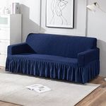 HOKIPO Stretchable Elastic Couch Cover with Frill 3 Seater (AR-4648-J6), Navy Blue