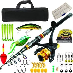 KAPEICamper Fishing Rod kit, Carbon Fiber Reel Combo Pole and Telescopic Fishing with Line Lures Tackle Hooks Reel Carrier Bag for Adults Saltwater Freshwater Travel(1.8M)