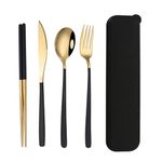 CherryBox Premium Spoon Fork Butter Knife & Chopstick Set - Flatware Dinnerware Cutlery Tableware Set - Gold Plated 304 Stainless Steel (Black)