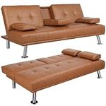 Yaheetech Modern Faux Leather Sofa Bed Convertible Folding Futon with Armrest Home Recliner Home Furniture for Living Room Brown