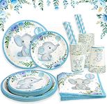 Boy Baby Shower Decorations Plates Set for 25 Guests, Blue Elephant Paper Plate Napkins Cups and Straws Disposable Tableware Birthday Party Supplies