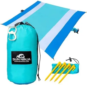 SUN NINJA Sand Free Beach Blanket - Outdoor Blanket, Beach Mat & Accessories - 10ft X 9ft Lightweight Blanket with Storage, Bottle Opener, Carabiner, Shoulder Strap, Corner Sand Pockets & 4 Stakes