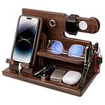 TESLYAR Gifts for Men Wood Phone Docking Station Nightstand Desk Organizer Gifts for Dad for Him Birthday Anniversary, Gift Ideas Key Holder Wallet Stand and iWatch