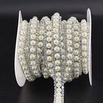 Jerler Rhinestone Trim Applique 1 Yard 2 Rows Crystal Chain Banding Diamond Inlaid White Pearl Beaded Rhinestones for Crafts Clothing and Bridal Embellishments Wedding Ideas Christmas Decorations