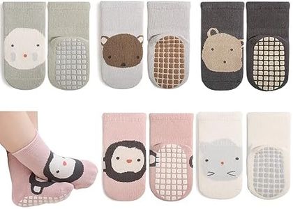 Exegawe Baby Non Slip Socks - 5 Pairs Toddler Socks with Grips Kids All Weather Crew Length Anti Skid Soles Socks(Pink Monkey,S/6-12M)