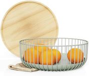 LIBKEN Fruit Basket with Wooden Bamboo Lid- Fruit Bowl For Kitchen Counter - Countertop Bin for Produce Fruits, Potato and Veggie - Metal Wire Baskets For Organizing - 11.4"x11.4"x4.5" - Green