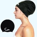 (Large, Black) - Interlaken Long Hair Dreadlock Swim Cap - Silicone Swimming XL or L Cap - Waterproof Black & Blue Swim Cap with Extra Pouch - Pool Caps Ideal for Women, Men, Youth and Children