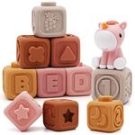 Edulike 7 Pcs Soft Building Blocks, Sensory Stacking Squeeze Toys with Horse Figure, Early Educational Toy Gifts for 6 12 18 Months Baby Toddler Boys Girls