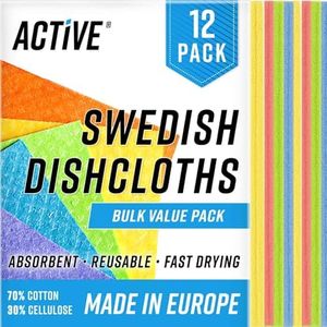 ACTIVE Swedish Dish Cloths for Kitchen 12 Pack Cellulose Sponge Cloth, Washable Dishcloths for Washing Dishes, Original European Dish Towels, Absorbent Reusable Paper Towels - Multicolor Assorted
