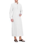 NANAMEEI Thobe for Men Jubba Kaftan Robe Long Sleeve Button Down Linen Nightshirts Muslim Thobe Full Length White M