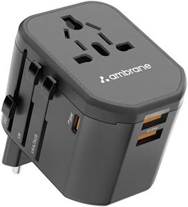 Ambrane Universal Travel Adapter, 4 in 1 Fast Charging; 1 Type C (20W), 2 USB (20W) & 1 AC Socket (880W) with 3 Removable pins for EU, UK and USA/AUS and Other Countries for Modern Travel (ATA-01)