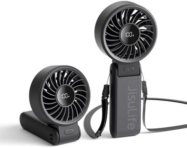 JISULIFE Handheld Fan Life7,2024 Powerful Portable Fan with LED Display[19.5Hrs Max Cooling]5000mAh,150°Folded,5 Speeds,Lanyard; 3-IN-1 Hand/Desk/Neck Fan,Travel Essentials Gifts for Women,Men(Black)