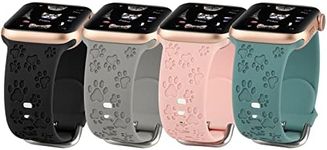 4 Pack Dog Paw Engraved Bands Compatible with Apple Watch Band 38mm 40mm 41mm, Cute Animal Laser Printed Soft Silicone Sport Strap Compatible for iWatch Series 7 6 5 4 3 2 1 SE Black/Pink/Stone/Green