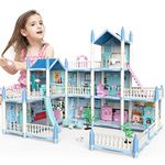 deAO DIY 3D Dolls House, Blue Portable Dollhouse Large Three Story Castle Dolls House Playset With Furniture & Accessories Included Outdoor Space Open Sided Princess Castle Playset For Kids