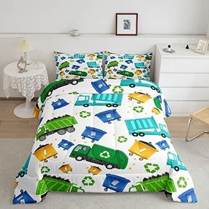 Feelyou Cartoon Garbage Truck Bedding Set Green Trash Truck Comforter Set for Kids Boys Girls Teens Green Vehicle Car Comforter Garbage Truck Toy Print Duvet Set 3Pcs Queen Size