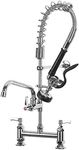 CWM Commercial Sink Faucet Pre-Rinse Kitchen Brass Constructed Polished Chrome with Pull Down Sprayer 26"Height 8" Center Deck Mounted with 8" Add-on Spout