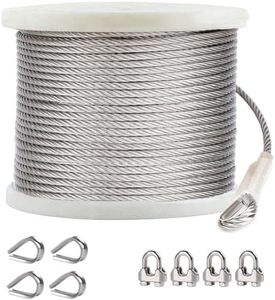 hannger 1/4 Stainless Steel Cable, 200ft Wire Rope with Wire Rope Clamps and Thimble, 6400lbs Breaking Strength, 7X19 Strands Aircraft Cable for Yard Zipline, Deck Railing, Boat Lifts