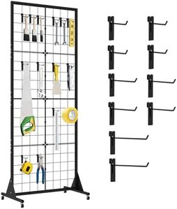 Mutualsign Grid Wall Panel Display Stand 2.1'x5.6' Ft, Movable Floorstanding Wire Grid Panel Rack with Wheels, Detachable Gridwall with Extra Hooks for Retail, Vendor Events & Craft Fairs
