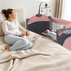 Soobaby 5 in 1 Baby Crib,Baby Bassinet, Bedside Cribs, Pack and Play with Changing Table, Portable Travel bedToys & Music Box,Mattress for Girl Boy Infant Newborn (Pink)