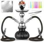 2 Hose Hookah Set 11'' Small Shisha Hookah Set With Mini Pumpkin Glass Vase, Ceramic Bowl, Leather Hose, Coal Tong, Hookah Foil, Disposable Tips (Black)