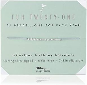 Lucky Feather 21st Birthday Gifts For Her - 14K Gold Dipped Beads Bracelet on Adjustable 7”- 8” Cord - Women Turning 21 Birthday Gifts For Her (silver-plated-base)