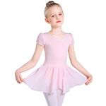 Monbessi Ballet Leotard for Girls Short Sleeve Cross Straps Ballet Dress Kids Cotton Ballet Outfit Gymnastics Leotard with Chiffon Skirt Suit for 2-11 Years (130 (120-130cm,5-7 Years), Pink)