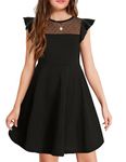 Arshiner Girls Summer Dress Flutter Short Sleeve Mesh Skater Dress Kids Party Dressss with 2 Side Pockets Plain Casual A-line Dresses 11-12T Black 150