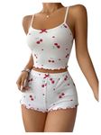 SHENHE Women's Cute Cherry Print Pajamas Crop Cami and Shorts Lettuce Trim Pj Lounge Set, White Red Cherry, Medium