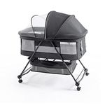 Carvapet Baby Travel Cot, Bassinet for 0-6 Months Baby with 4 Wheels, Easy Folding Bedside Sleeper Crib with Breathable Side Net and Storage Basket, Mattress and Mosquito Net Included (Grey)