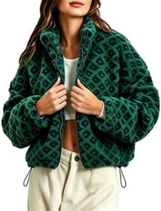Esmeling Women’s Long Sleeve Cropped Sherpa Fleece Plaid Jacket Casual Chunky Teddy Fleece Outerwear (1024-DarkGreen-XL)