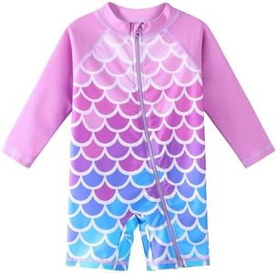 XFGIRLS One Piece Boxer Shorts Anti-UV Swimsuits with Long and Short Sleeves for Girls Aged 1 Month to 11 Years, 442 Crimson Fish, 3-4 Years