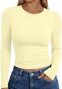 Trendy Queen Womens Long Sleeve T Shirts Fall Fashion 2025 Basic Crop Tops Going Out Workout Outfits Y2k Clothes Creamy Yellow XL