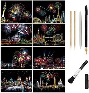 Magic Scratch Art Paper, Mini Envelope Postcard, Rainbow Night View Scratchboard for Adults and Kids, Art & Crafts Set: 8 Sheets Scratch Cards & 6 Tools Drawing Pen, Clean Brush (Gorgeous Fireworks)