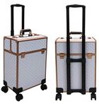 ADSON Beauty Rolling Makeup Box Train Case Cosmetic Trolley 4 Tray Sliding Rail With Key Swivel Wheels Salon Case Cosmetic Organizer Storage Large Travel Case -Diamond White With Rose Gold Corner