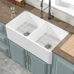 HOMLYLINK White Farmhouse Sink Double Bowl 33 x 18 Inch, Firecaly Apron Front Undermount Farm Sink, with Accessories 2 Types, Reversible (Sleek & Fluted Optional), Pure White, for Kitchen
