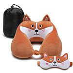 Travel Pillow for Kids and Adults, Cute Animal Memory Foam Neck Pillow with Soft Fleece Cover and Eye Mask Set, Airplane Pillow Travel Kit with Drawstring Organizer Bag, Machine Washable (Puppy)