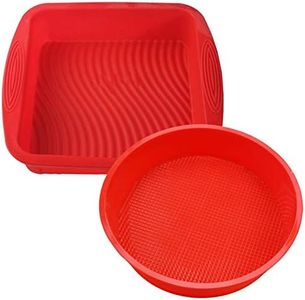 findTop Set of 2, Silicone Cake Baking Pan, Square Shape 8.5 Inch Cake Mold and 9 Inch Round Shape Non-Stick Bakeware Mold, Red