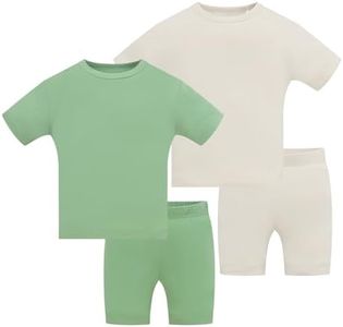 JunNeng Bamboo Viscose Toddler Pajamas,Baby Boy Girl Solid Snug Fit Short Sleeve Summer Sleepwear PJS,Green+Grey 9-12 Months