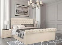 Upholstered Gas Lift Up Bed Frame With Storage, Ottoman Storage Bed, Velvet Double Bed Frame, Ottoman Storage Bed With Wooden Slats, (4ft6 Beige Double Bed Frame 135 x 190, No Mattress)