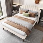 BTM 5FT Upholstered Bed, King Size Bed with Headboard and Wooden Slatted Support, Youth Bed, Beige Velvet Bed Frame, 150x200cm