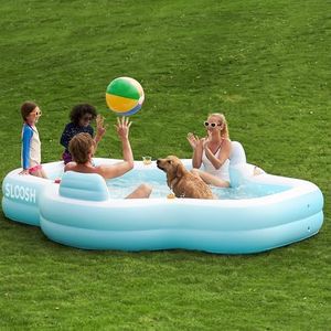 SLOOSH Inflatable Pool for Family with Seats, 120" x 101" x 26" Full-Sized Blow Up Durable Thickened Above Ground Pool with Backrest Cup Holders,Swimming Pools for Backyard Summer Water Lawn, Cyan