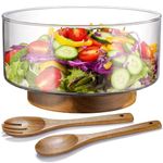 NiHome Glass Salad Bowl with Acacia Wood Salad Tongs, Large Capacity Design with Enhanced Stability, Versatile Serving Dish for Salads, Fruits, Ideal for Gatherings & Daily Family Dining