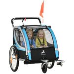 Aosom 2 Seat Bike Trailer for Kids 2-in-1 Double Baby Stroller with Handbrake, Rubber Wheels, 5 Point Harness, Waterproof Cover, Storage Bag, Reflectors, Blue