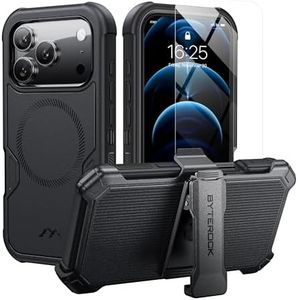 ByteRock for iPhone 17 Pro Case 6.3" with Belt Clip Holster,Compatible with MagSafe,Anti-Drop,Shockproof,Heavy Duty Protection,w/Screen Protector,with 360°Rotating Kickstand,Black