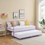 Daybed, Daybed with Trundle, Twin Metal Bed Frame with Arched Headboard, Daybed with Sturdy Slat Support for Small Spaces, Kids Room, Living Room, No Box Spring Required, Easy Assembly, Purple